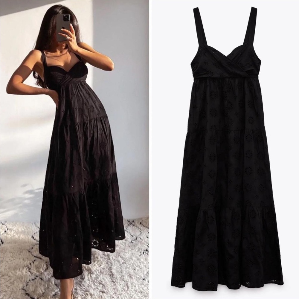 Zara / Cutwork Embroidery Midi Black Dress - Picture 1 of 7
